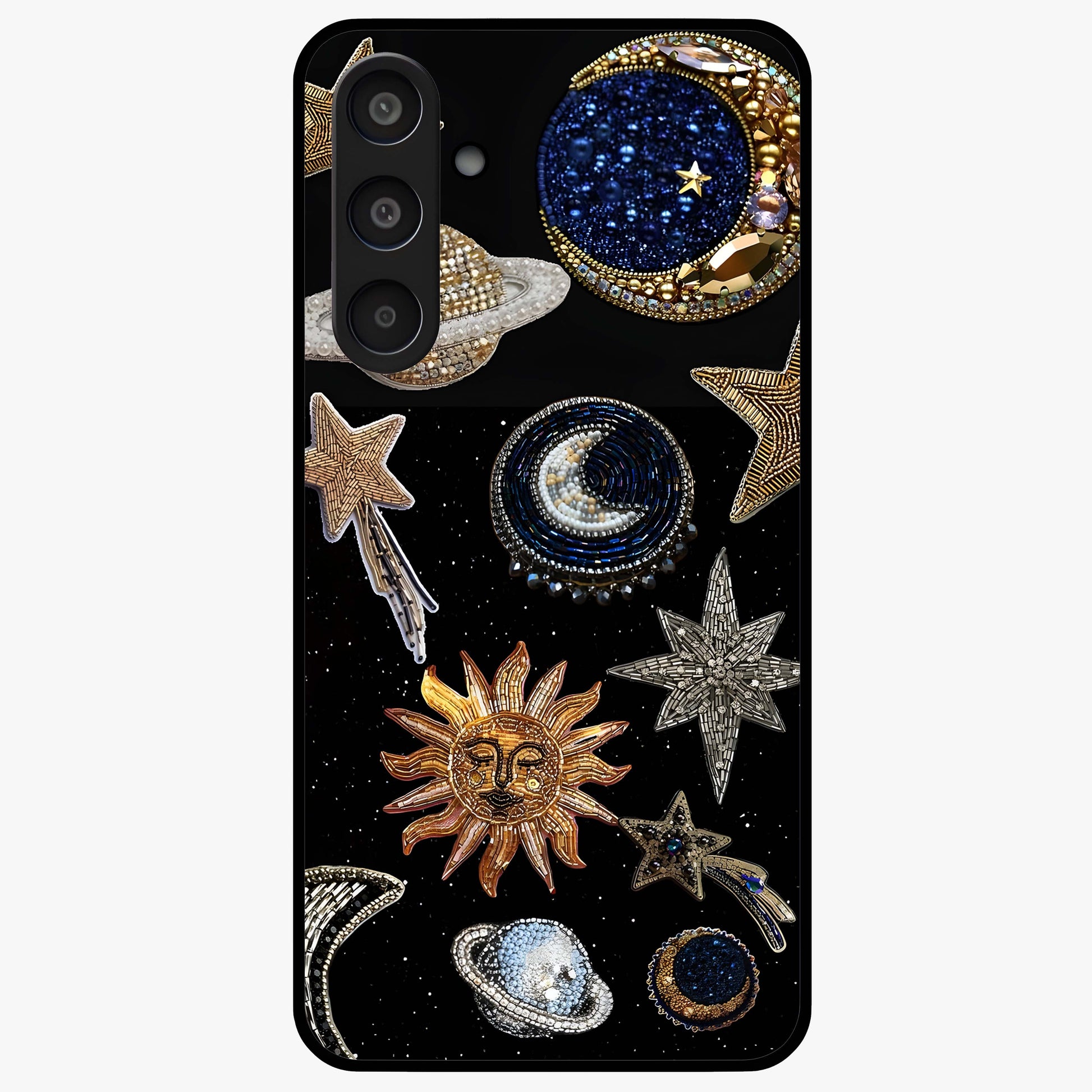 Celestial Gem Constellations Glass Case showing flat back view with sparkling constellation artwork and glossy glass finish.