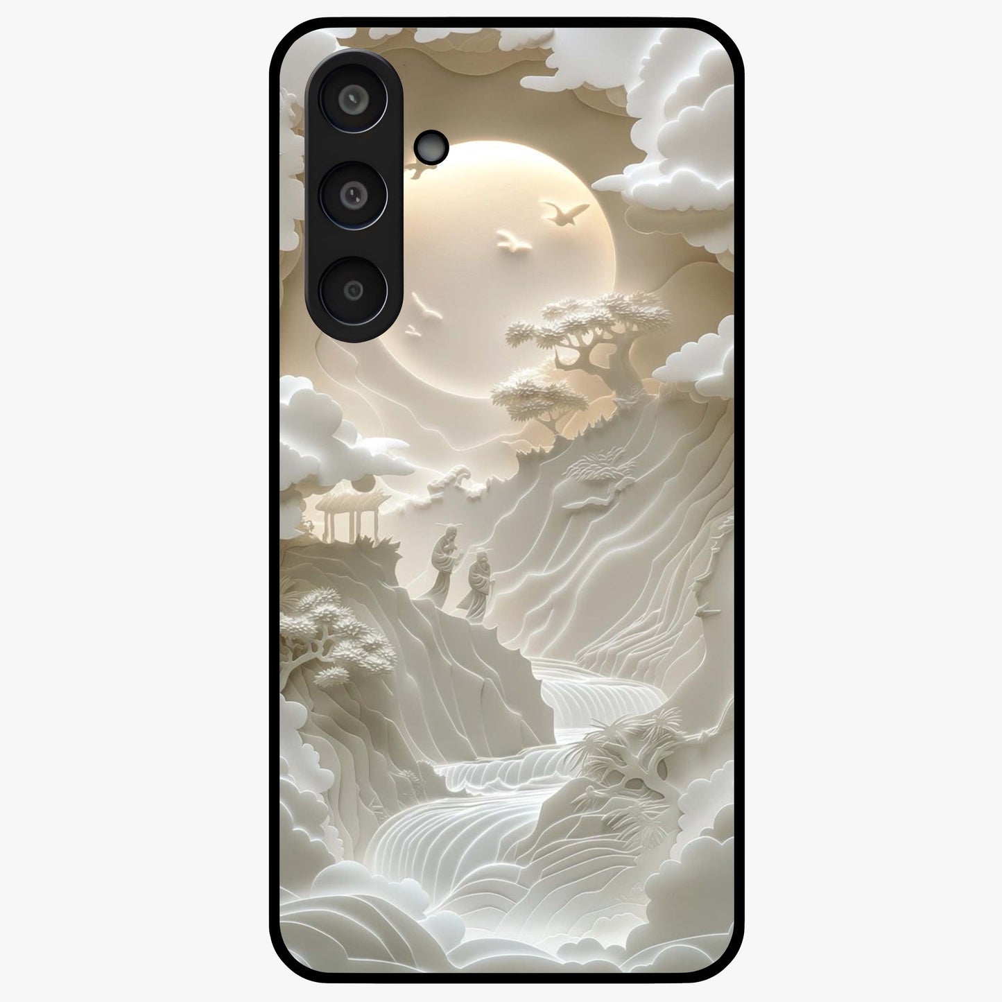 Celestial Origami Glass Case showing flat back view with artistic origami inspired celestial artwork and glossy glass finish.