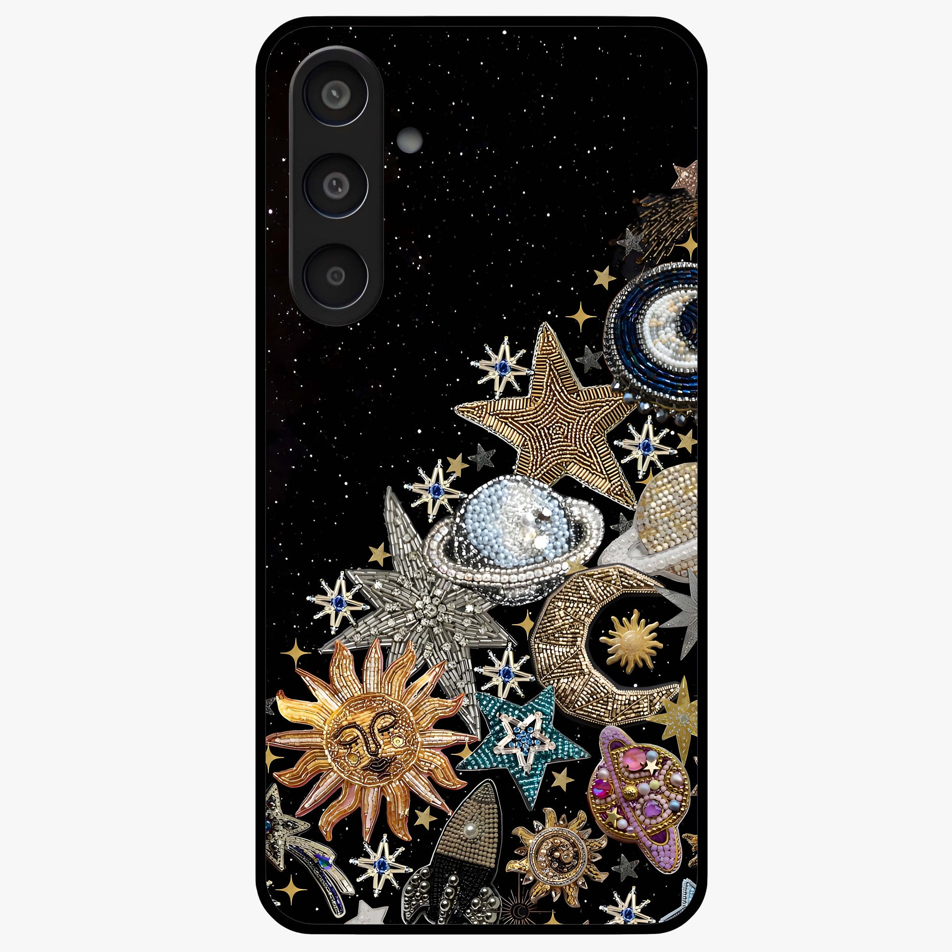 Cosmic Sparkle Dreams Glass Case showing flat back view with sparkling cosmic artwork and glossy glass finish.