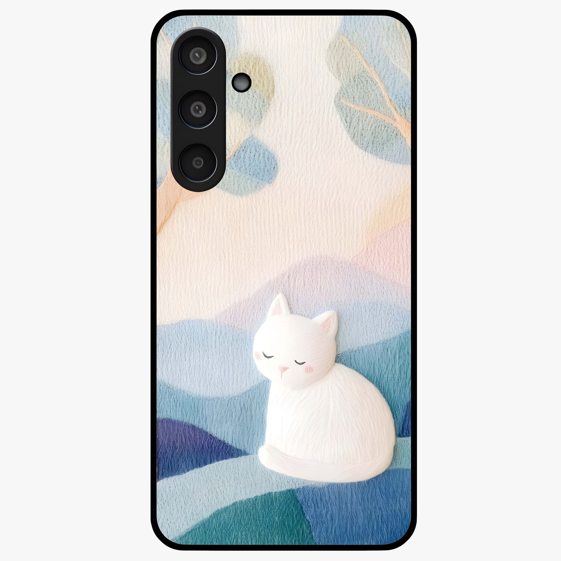 Cotton Dream Cat Glass Case showing flat back view with soft dreamy cat artwork and glossy glass finish.