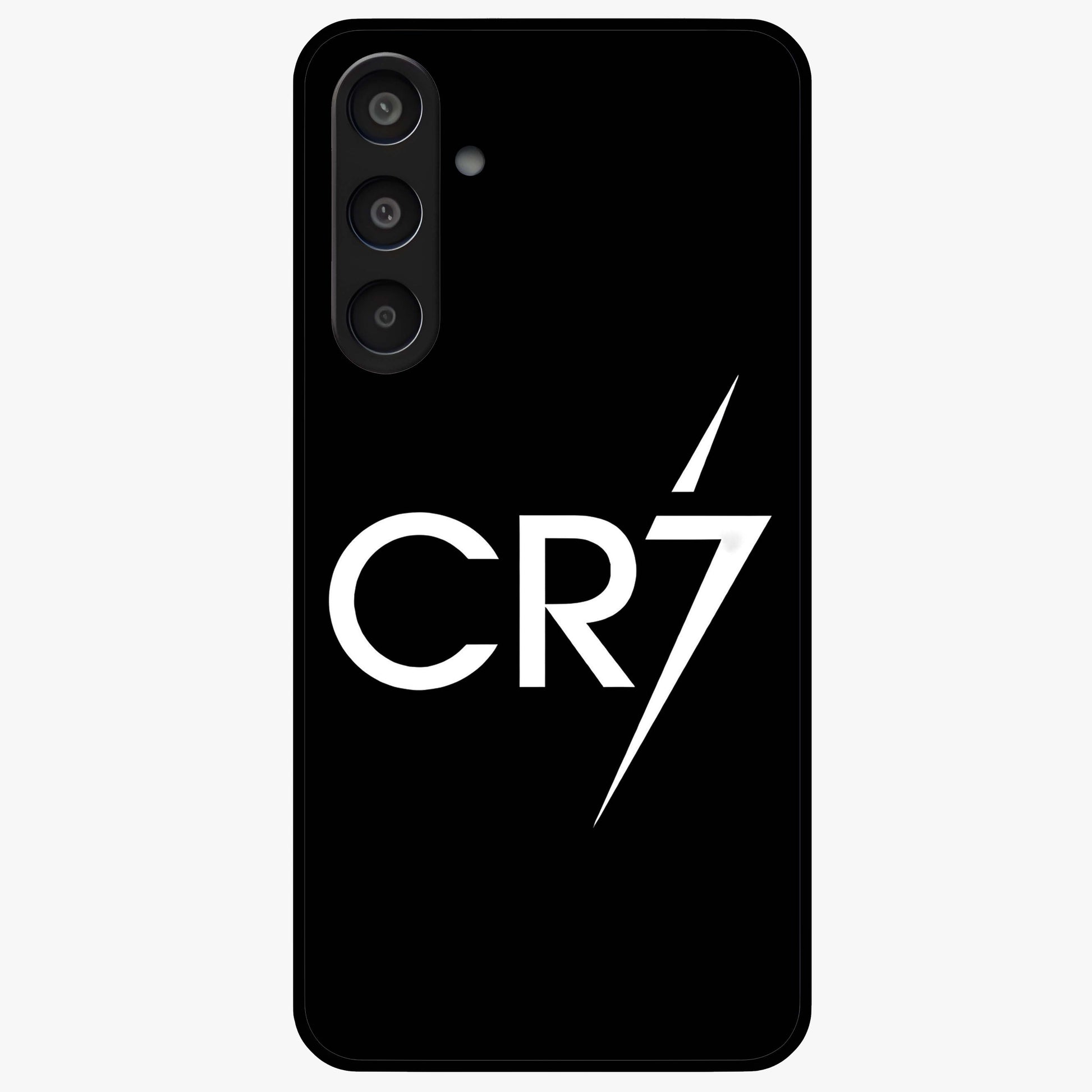 Cr7 Elite Strike Glass Case showing flat back view with dynamic football inspired artwork and glossy glass finish.