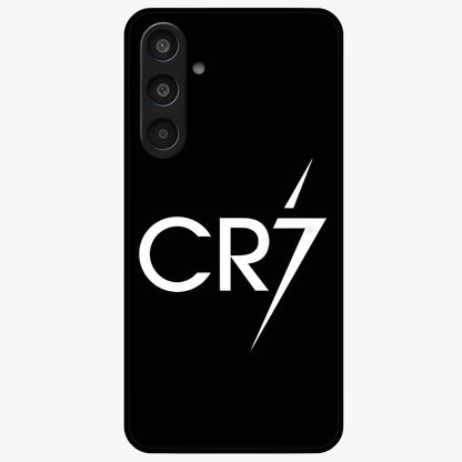 Cr7 Elite Strike Glass Case showing flat back view with dynamic football inspired artwork and glossy glass finish.