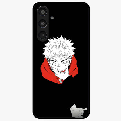 Crimson Chaos Smile Glass Case showing flat back view with bold chaotic smile artwork and glossy glass finish.