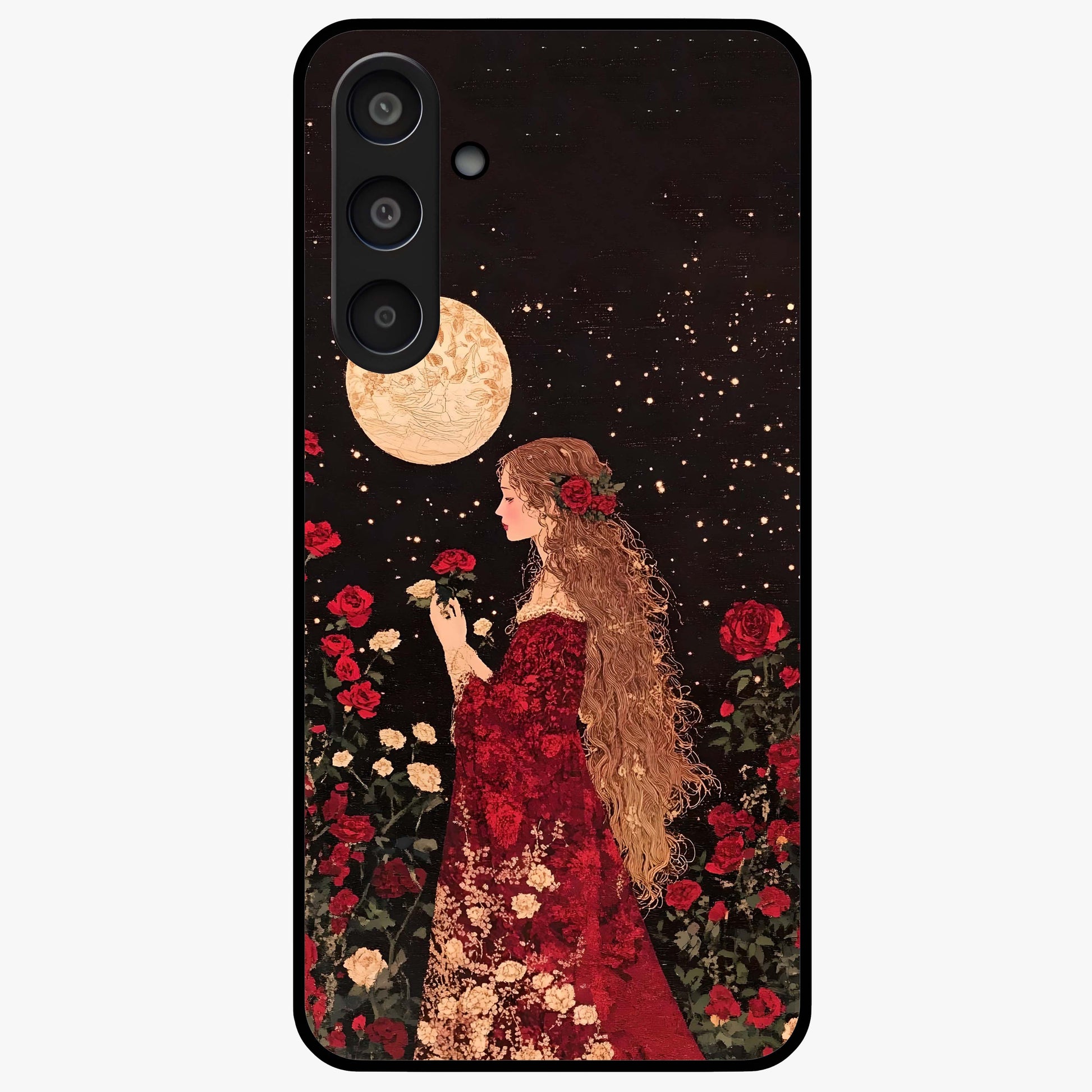 Crimson Dreams Glass Case showing flat back view with dreamy crimson artwork and glossy glass finish.