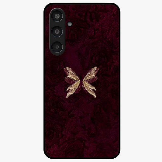 Crimson Fade Butterfly Glass Case showing flat back view with fading butterfly artwork and glossy glass finish.