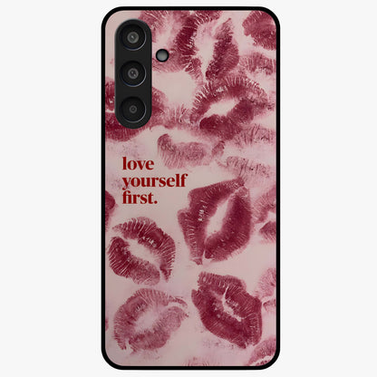 Crimson Kiss Love Glass Case showing flat back view with romantic crimson themed artwork and glossy glass finish.