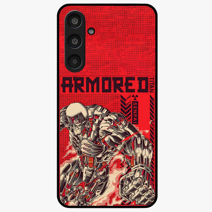 Crimson Mecha Titan Glass Case showing flat back view with powerful mech titan artwork and glossy glass finish.