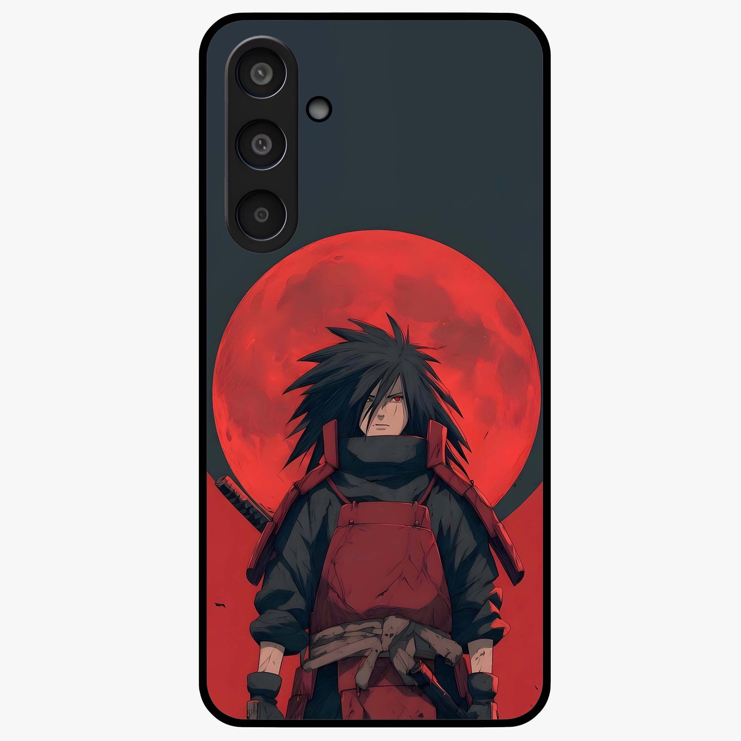 Crimson Moon Warlord Glass Case showing flat back view with mystical moon warrior artwork and glossy glass finish.