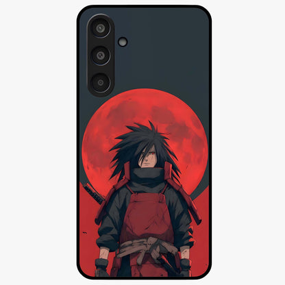 Crimson Moon Warlord Glass Case showing flat back view with mystical moon warrior artwork and glossy glass finish.