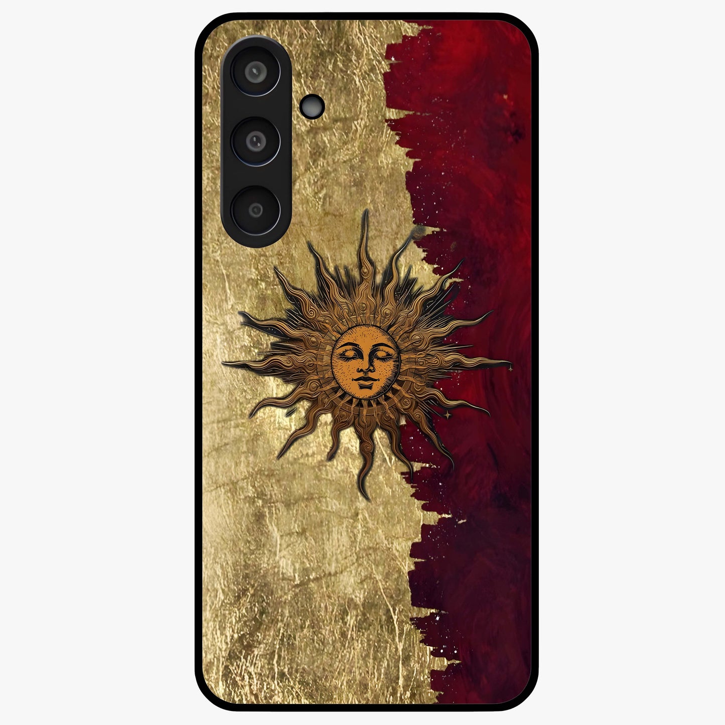 Crimson Sun Majesty Glass Case showing flat back view with radiant sun inspired artwork and glossy glass finish.