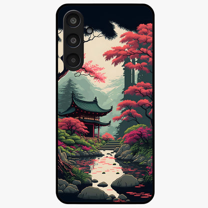 Crimson Temple View Glass Case showing flat back view with temple inspired artwork and glossy glass finish.