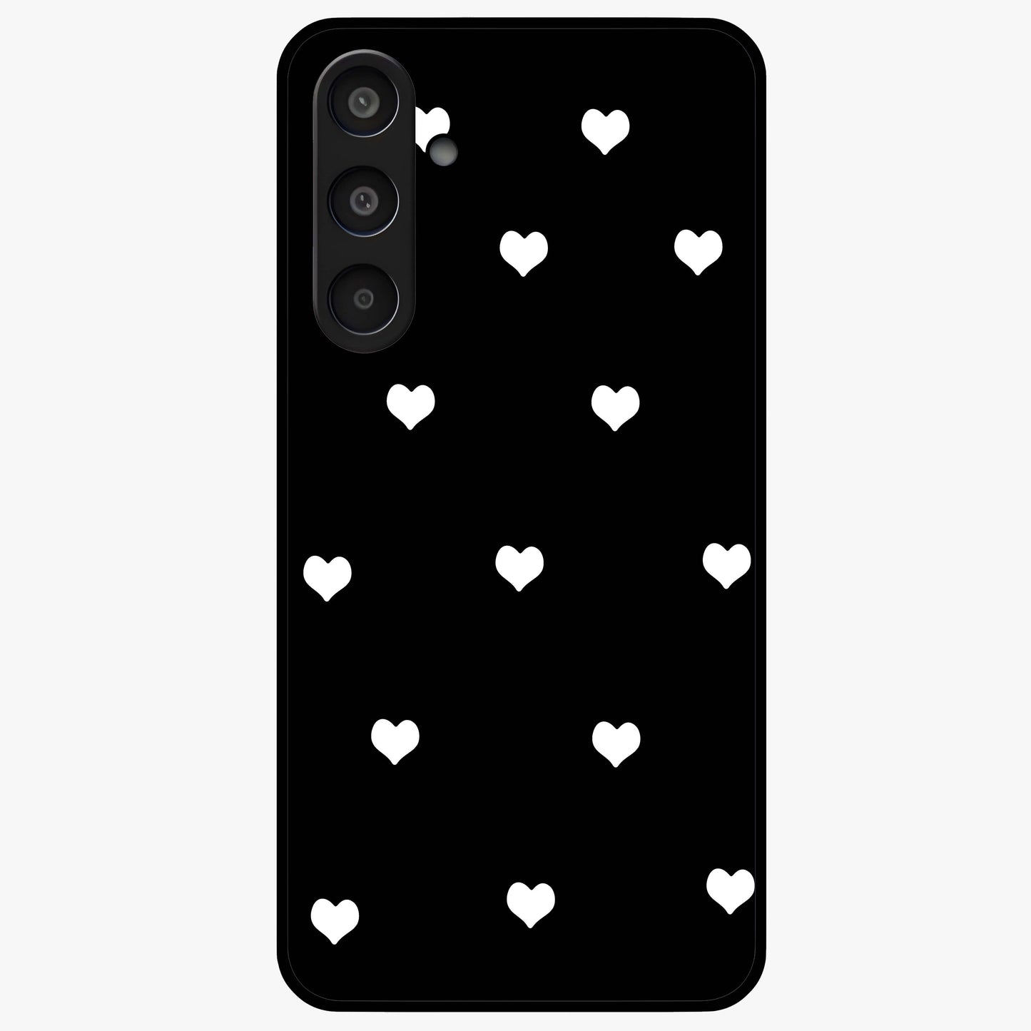 Cute And Simple White Hearts Glass Case showing flat back view with minimal white heart pattern and glossy glass finish.