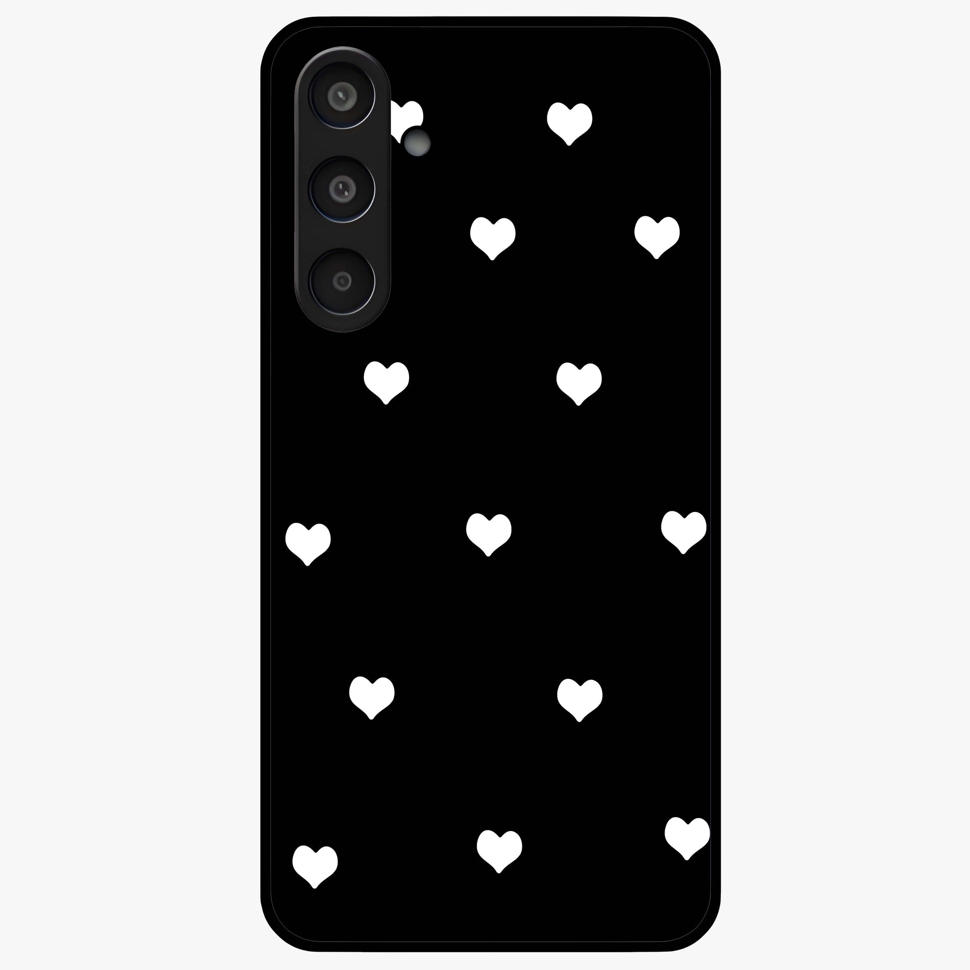 Cute And Simple White Hearts Glass Case showing flat back view with minimal white heart pattern and glossy glass finish.