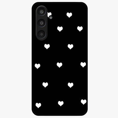 Cute And Simple White Hearts Glass Case showing flat back view with minimal white heart pattern and glossy glass finish.