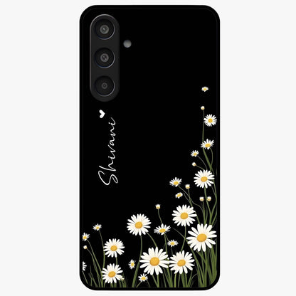 Daisy Cascade Custom Name Glass Case showing flat back view with cascading daisy flowers and personalized name design.