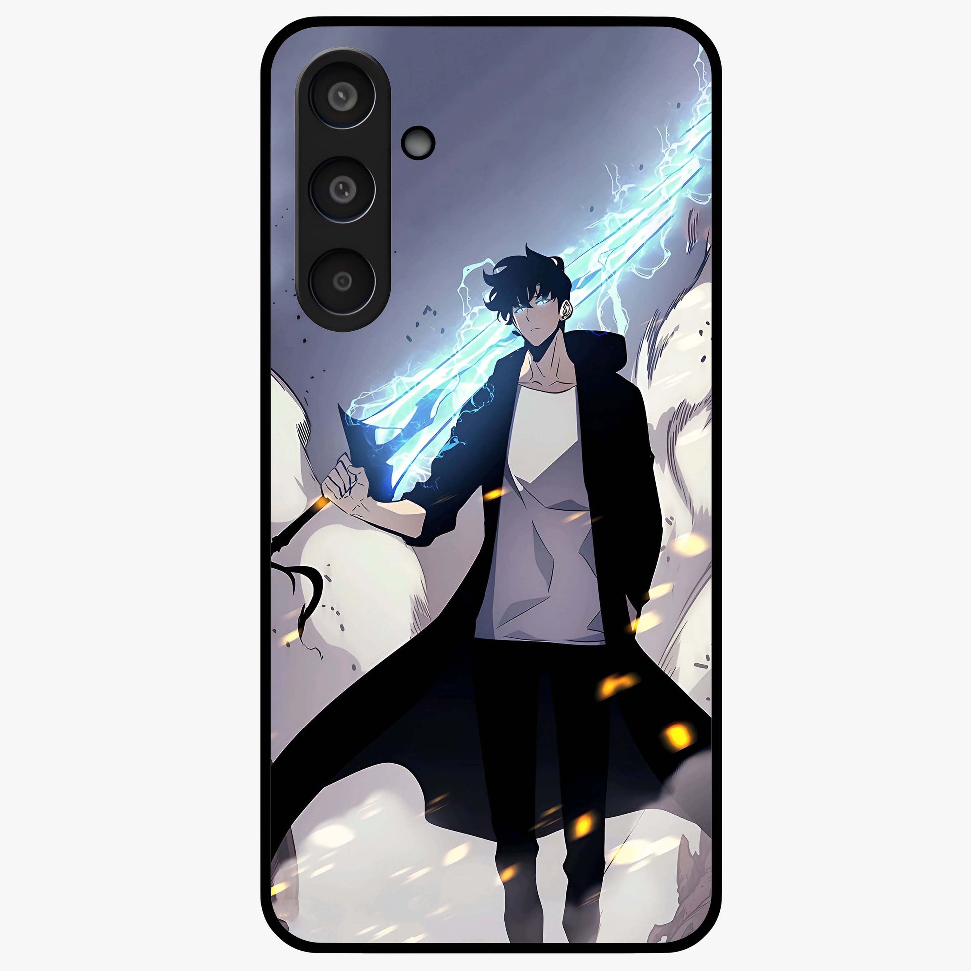 Dark Lightning Anime Warrior Glass Case showing flat back view with intense anime warrior artwork and glossy glass finish.