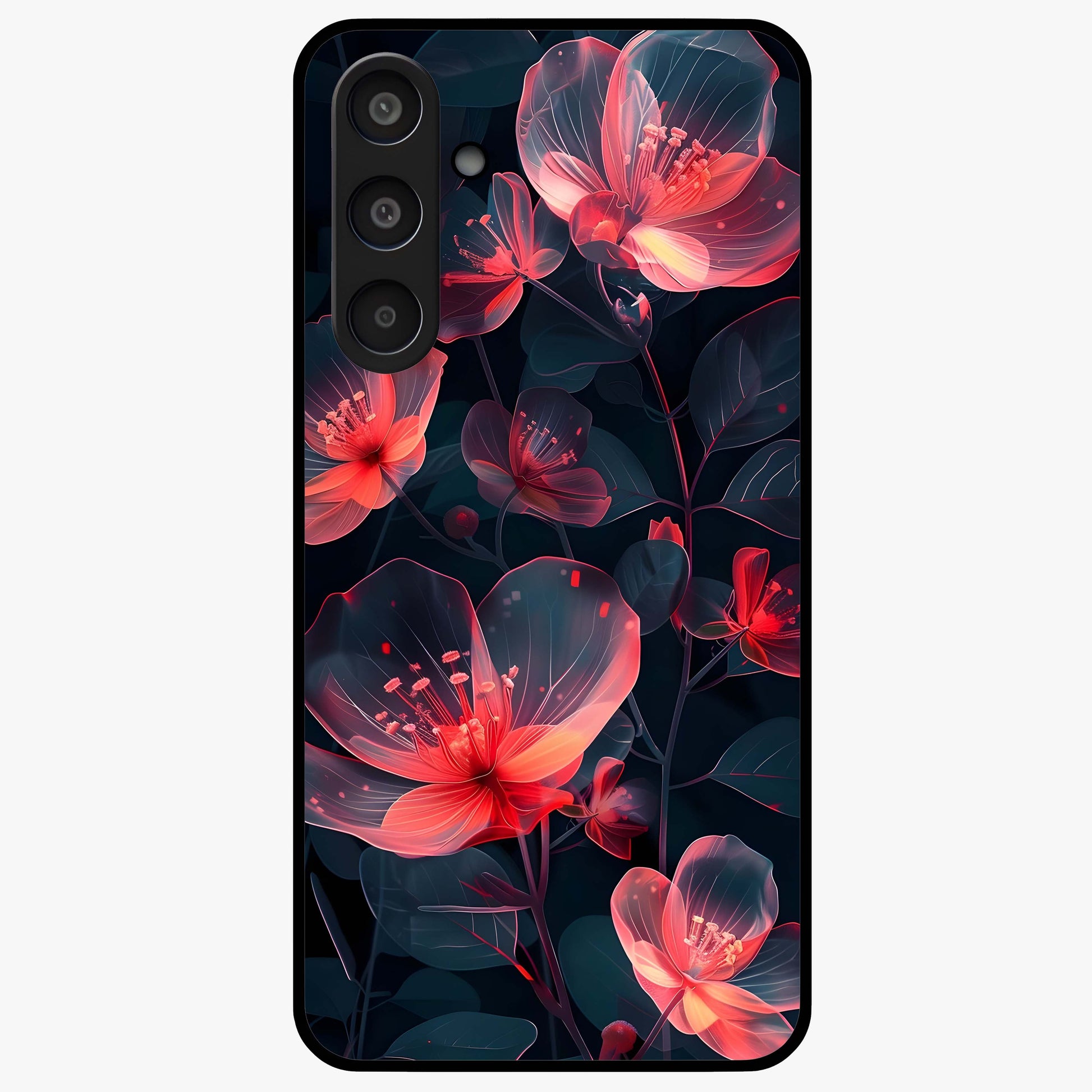 Dark Shade of Flower Glass Case showing flat back view with elegant dark floral artwork and glossy glass finish.