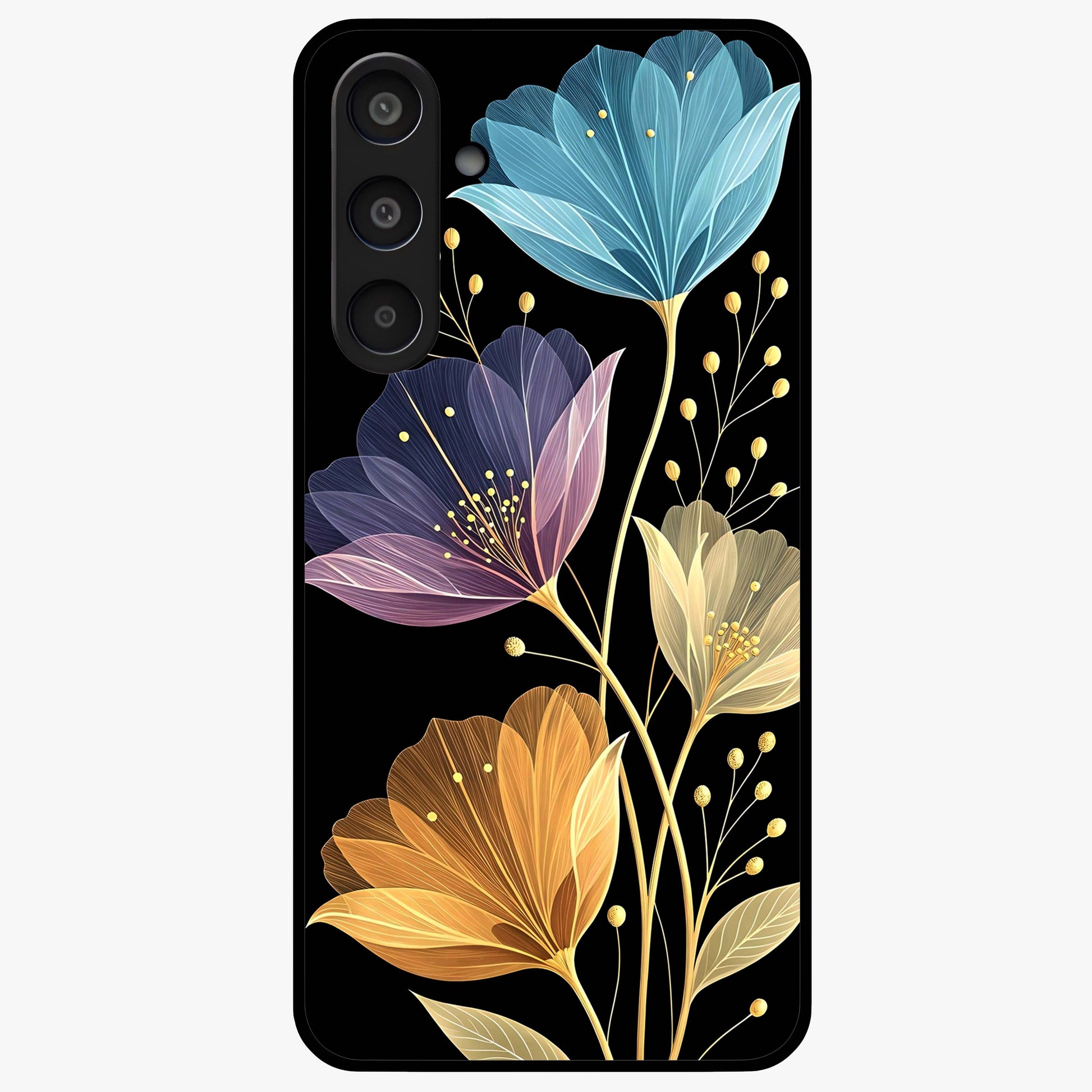 Delicate Multicolor Flowers Glass Case showing flat back view with vibrant floral artwork and glossy glass finish.