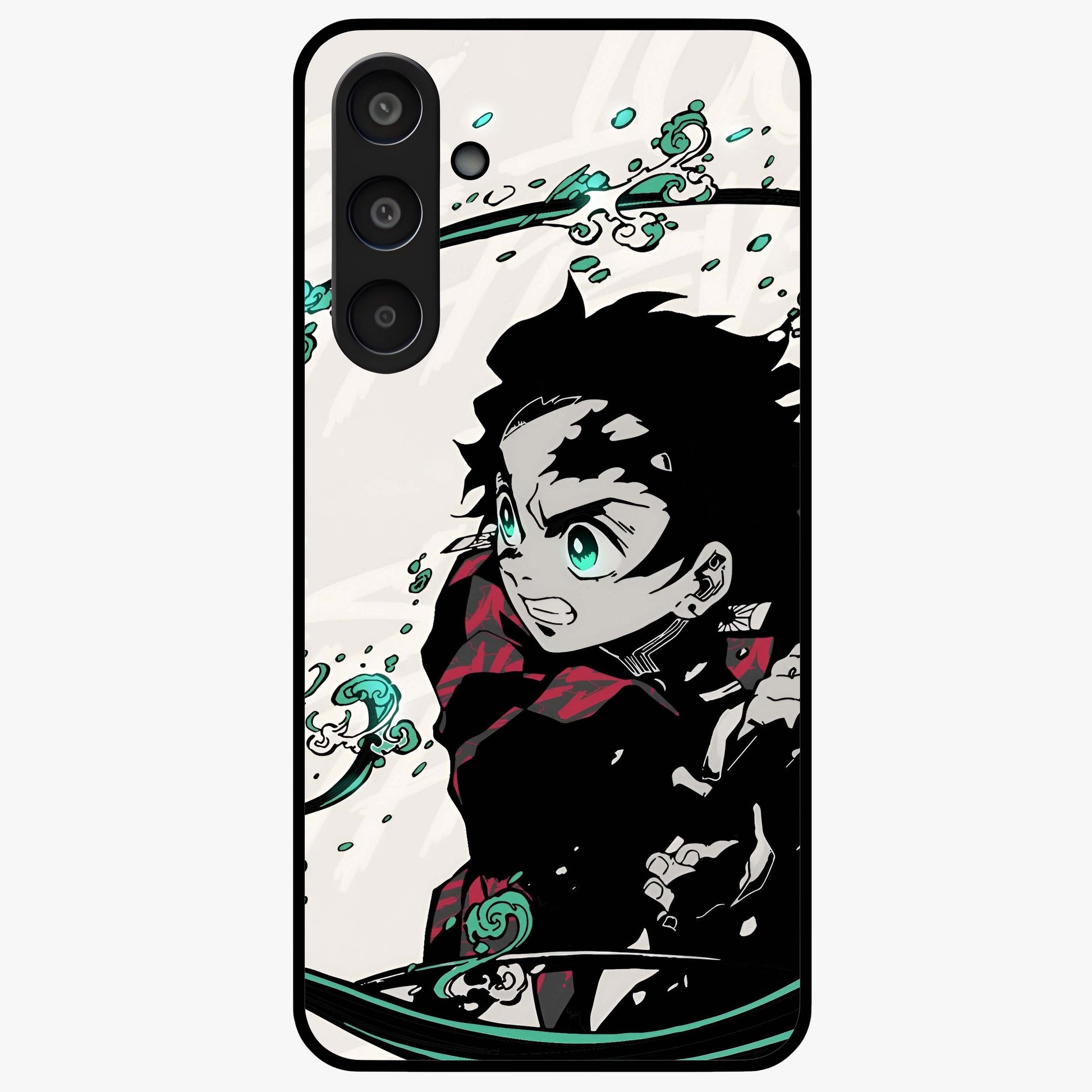 Demon Slayer Glass Case showing flat back view with bold anime inspired artwork and glossy glass finish.