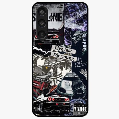 Die Young Glass Case showing flat back view with bold artistic typography design and glossy glass finish.
