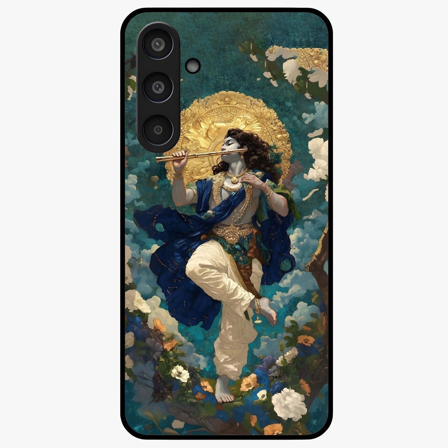 Divine Krishna Art Glass Case showing flat back view with Lord Krishna artwork and glossy glass finish.