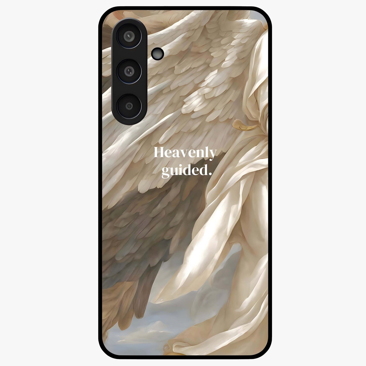 Divine Winged Grace Glass Case showing flat back view with elegant wing inspired artwork and glossy glass finish.