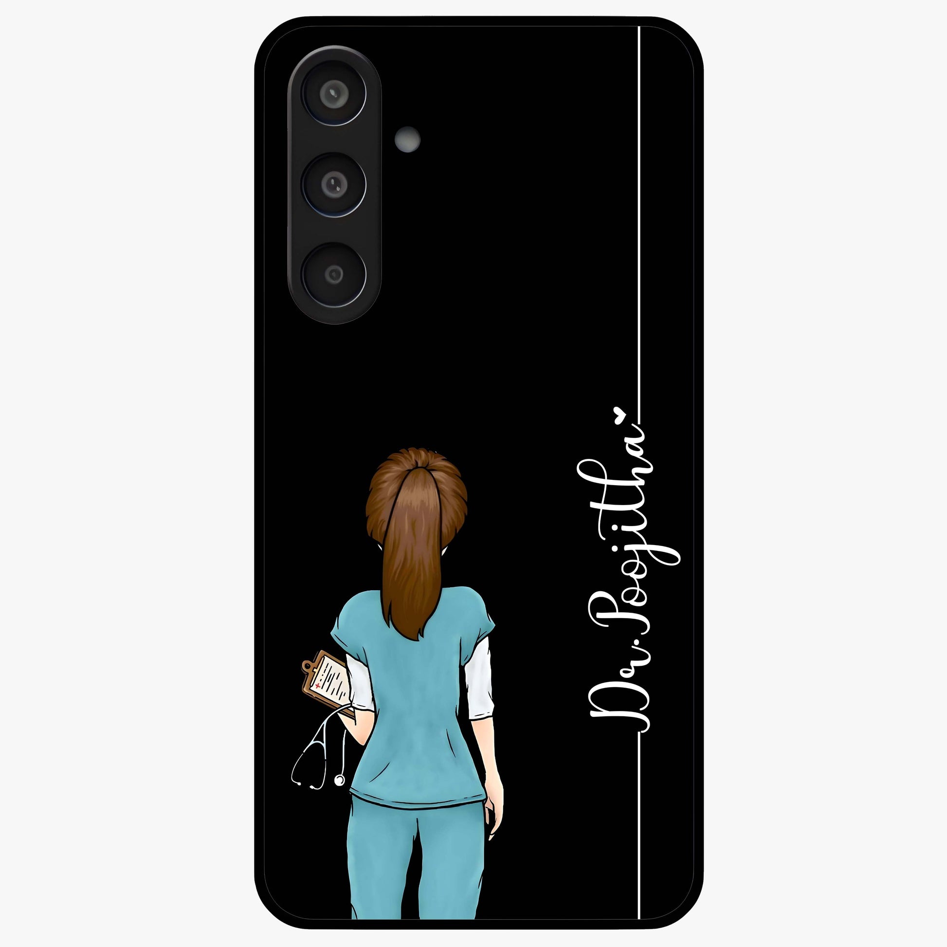 Doctor Pattern Custom Name Glass Case showing flat back view with medical themed pattern and personalized name design.