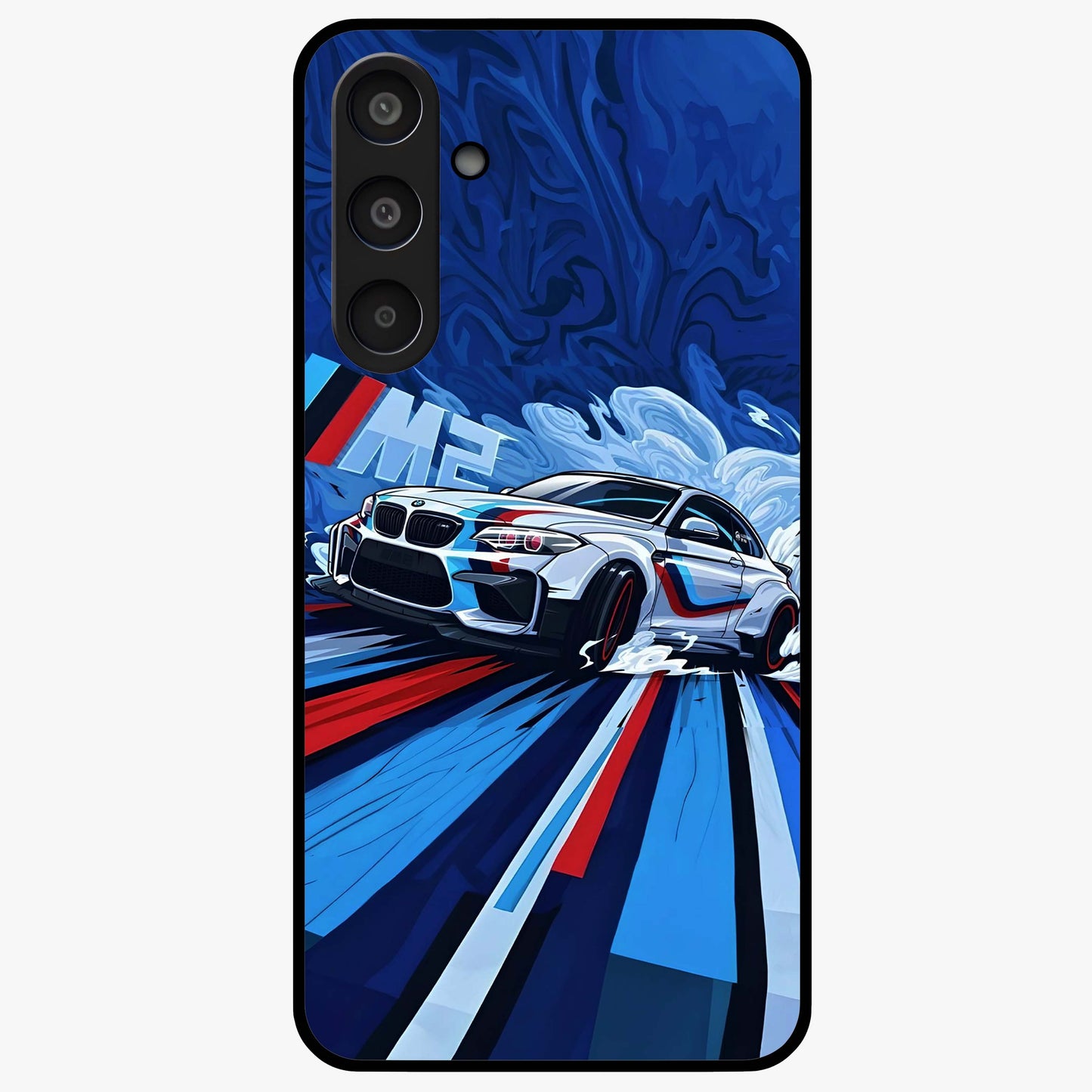 Drift Power Rush Glass Case showing flat back view with dynamic racing inspired artwork and glossy glass finish.