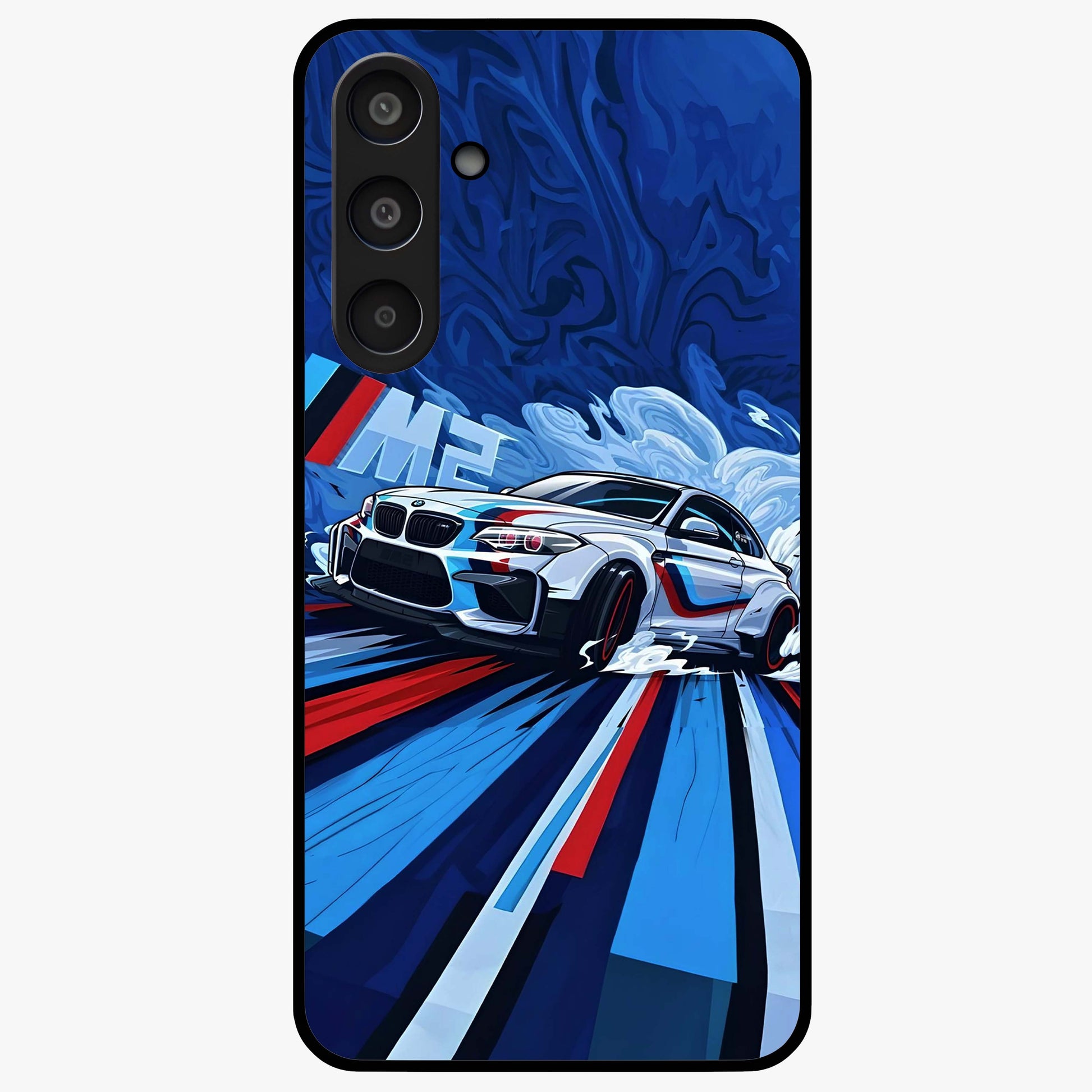 Drift Power Rush Glass Case showing flat back view with dynamic racing inspired artwork and glossy glass finish.
