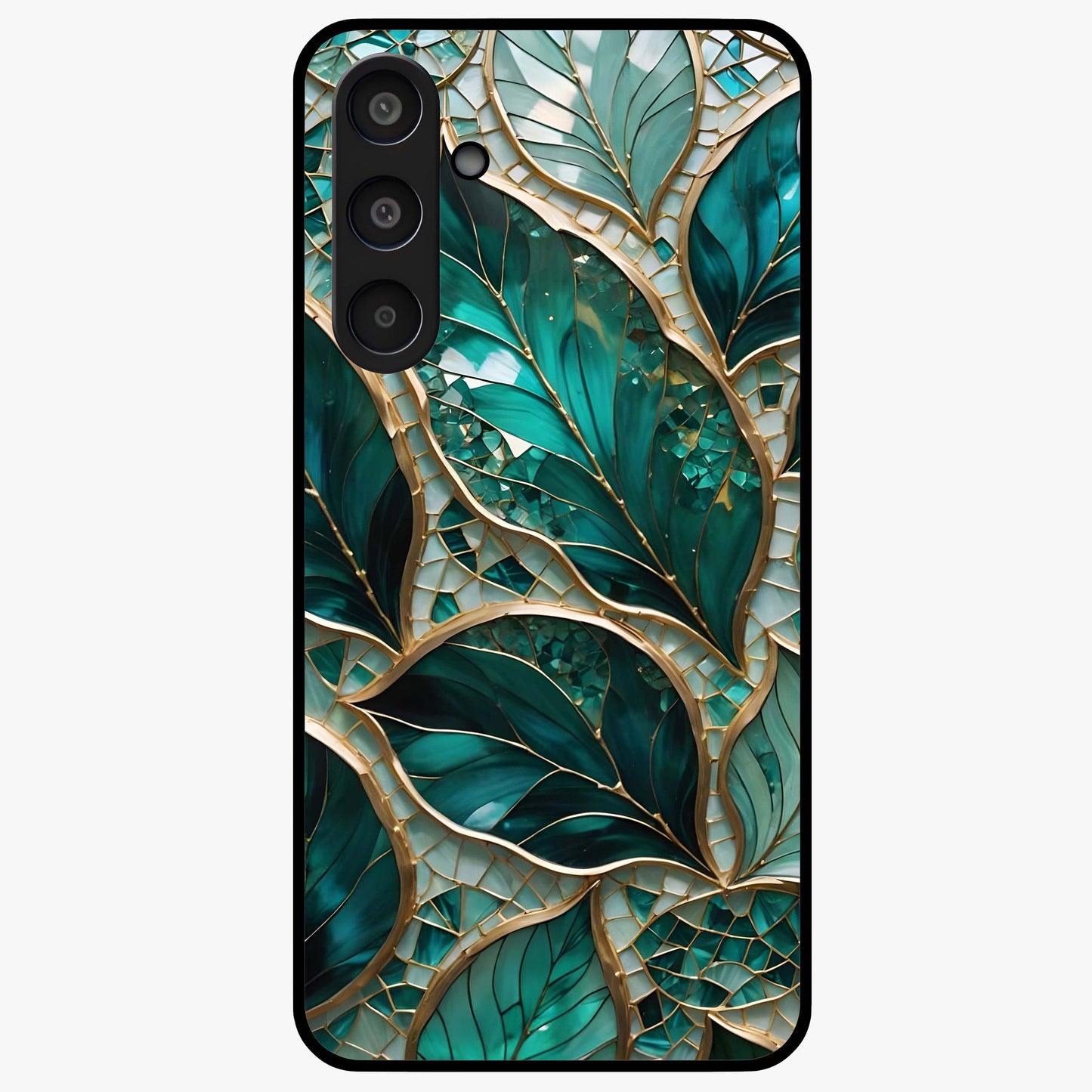 Emerald Leaf Glass Glass Case showing flat back view with emerald green leaf artwork and glossy glass finish.