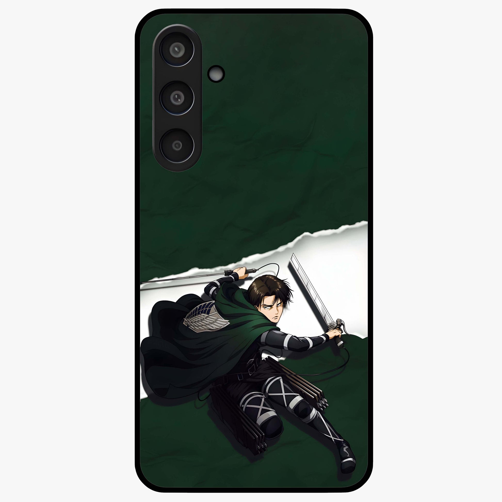 Emerald War Vanguard Glass Case showing flat back view with powerful warrior themed artwork and glossy glass finish.