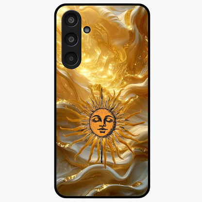 Eternal Golden Glow Glass Case showing flat back view with radiant golden themed artwork and glossy glass finish.