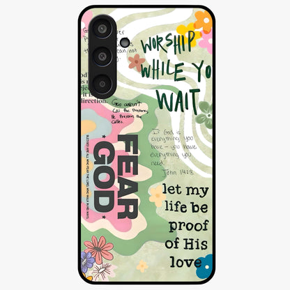 Faith Over Fear Glass Case showing flat back view with motivational typography artwork and glossy glass finish.