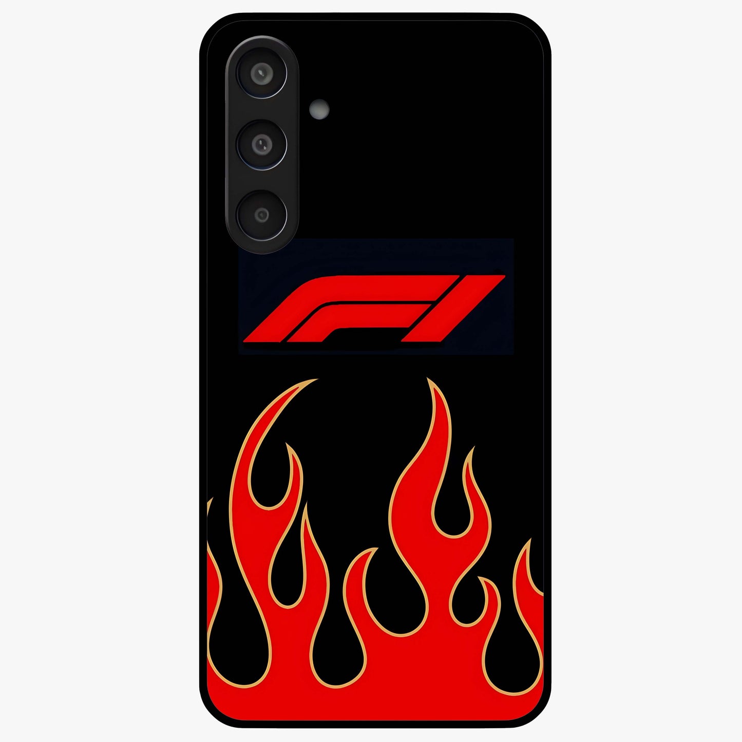 Fire F11 Glass Case showing flat back view with fiery themed artwork and glossy glass finish.