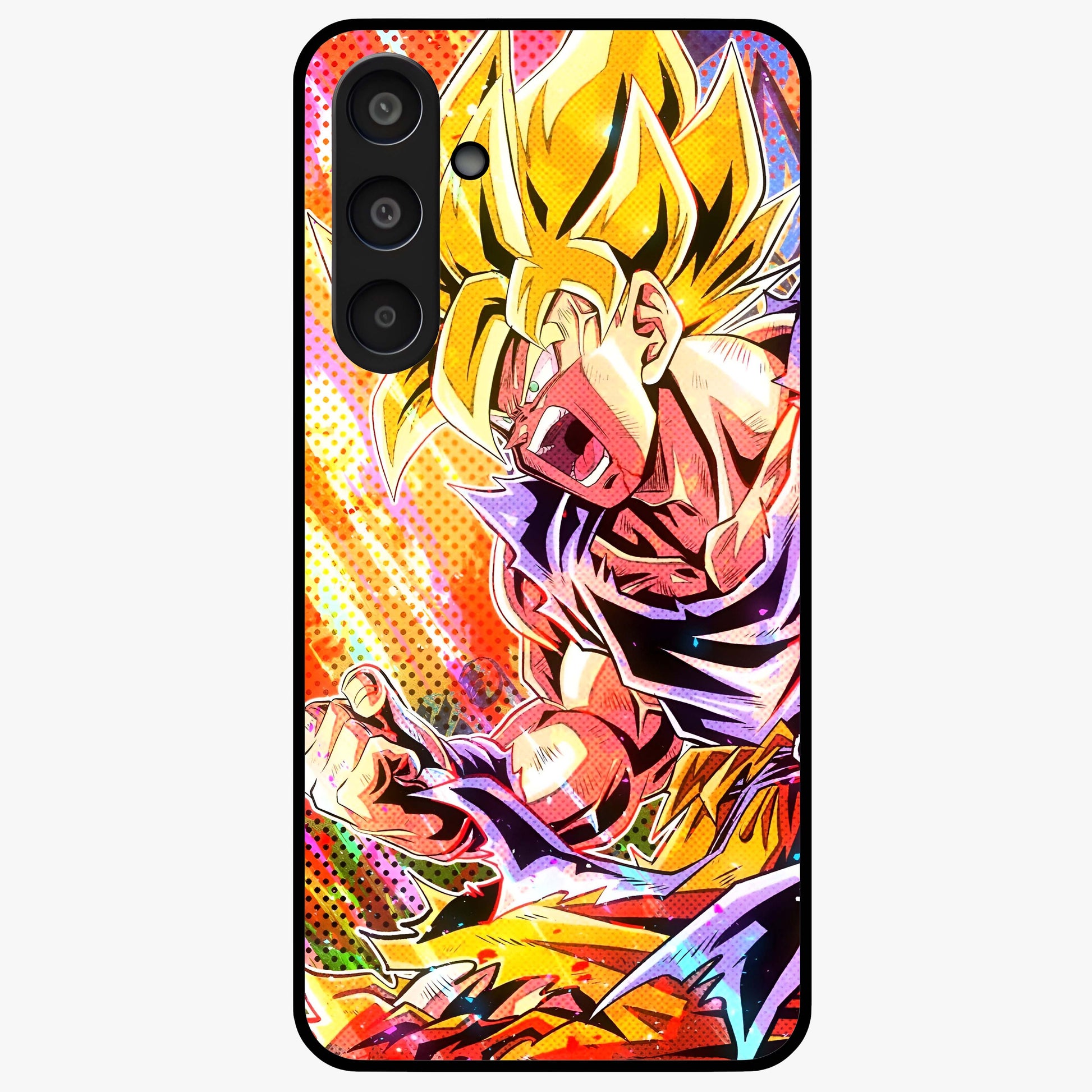 Firing Goku Glass Case showing flat back view with powerful anime inspired artwork and glossy glass finish.