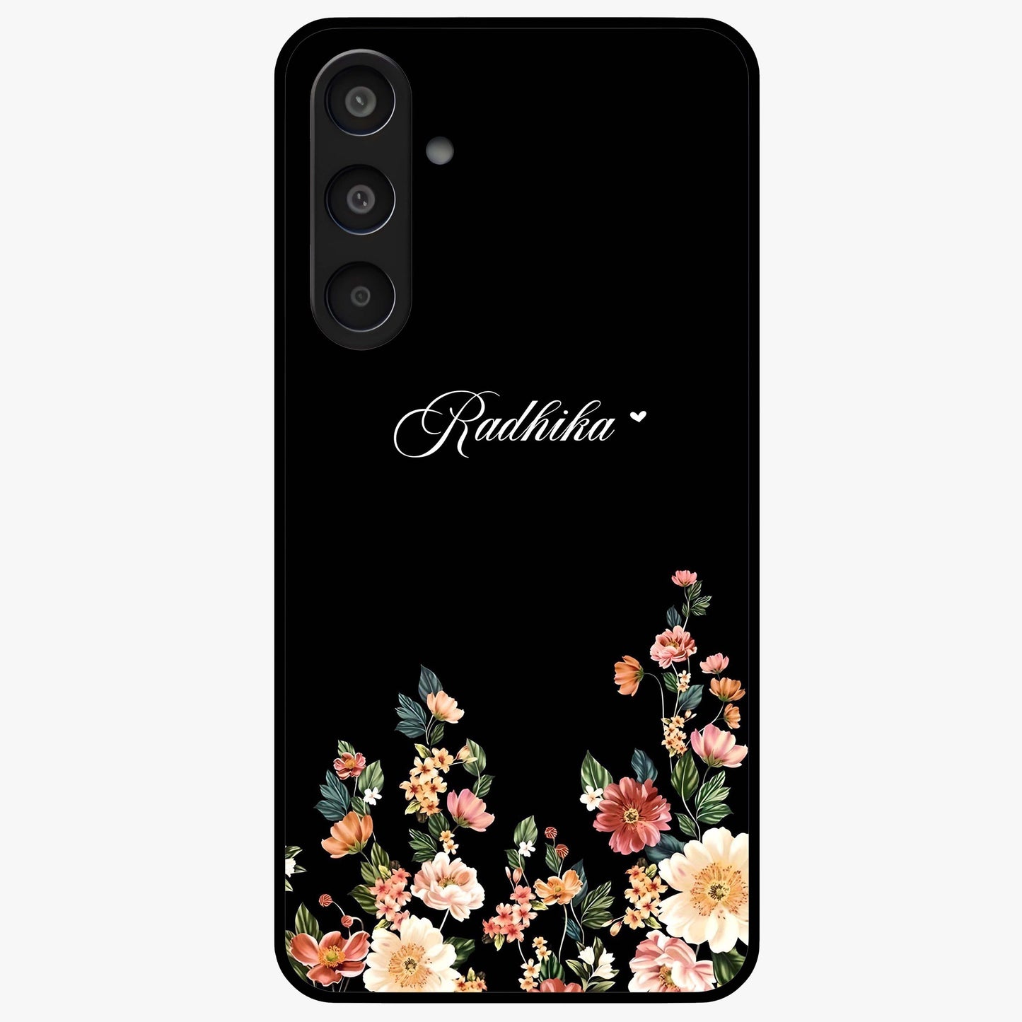 Floral Design With a Custom Personalized Name Glass Case showing flat back view with floral artwork and personalized name design.