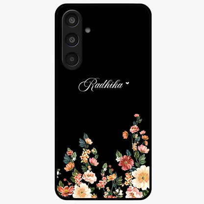 Floral Design With a Custom Personalized Name Glass Case showing flat back view with floral artwork and personalized name design.