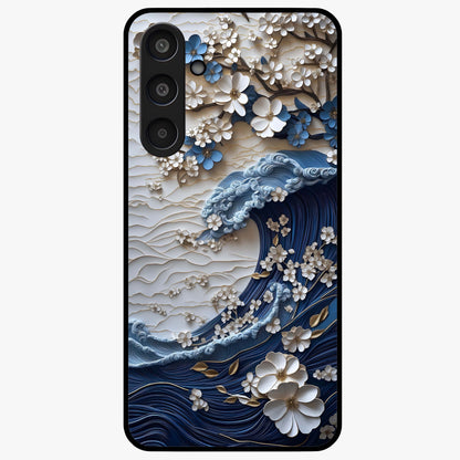 Floral Wave Origami Glass Case showing flat back view with origami inspired floral wave artwork and glossy glass finish.