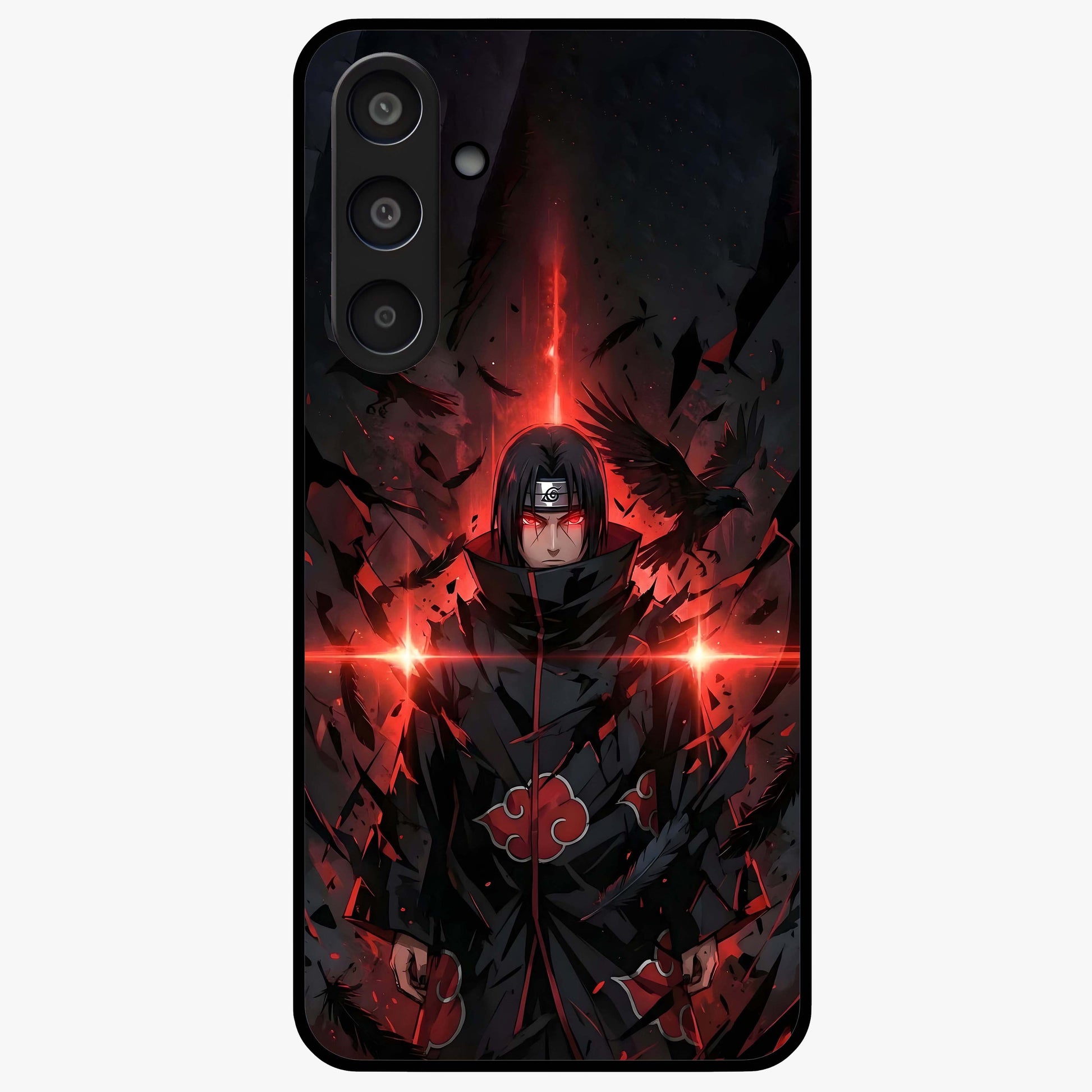 Focused Blade Discipline Glass Case showing flat back view with warrior sword themed artwork and glossy glass finish.