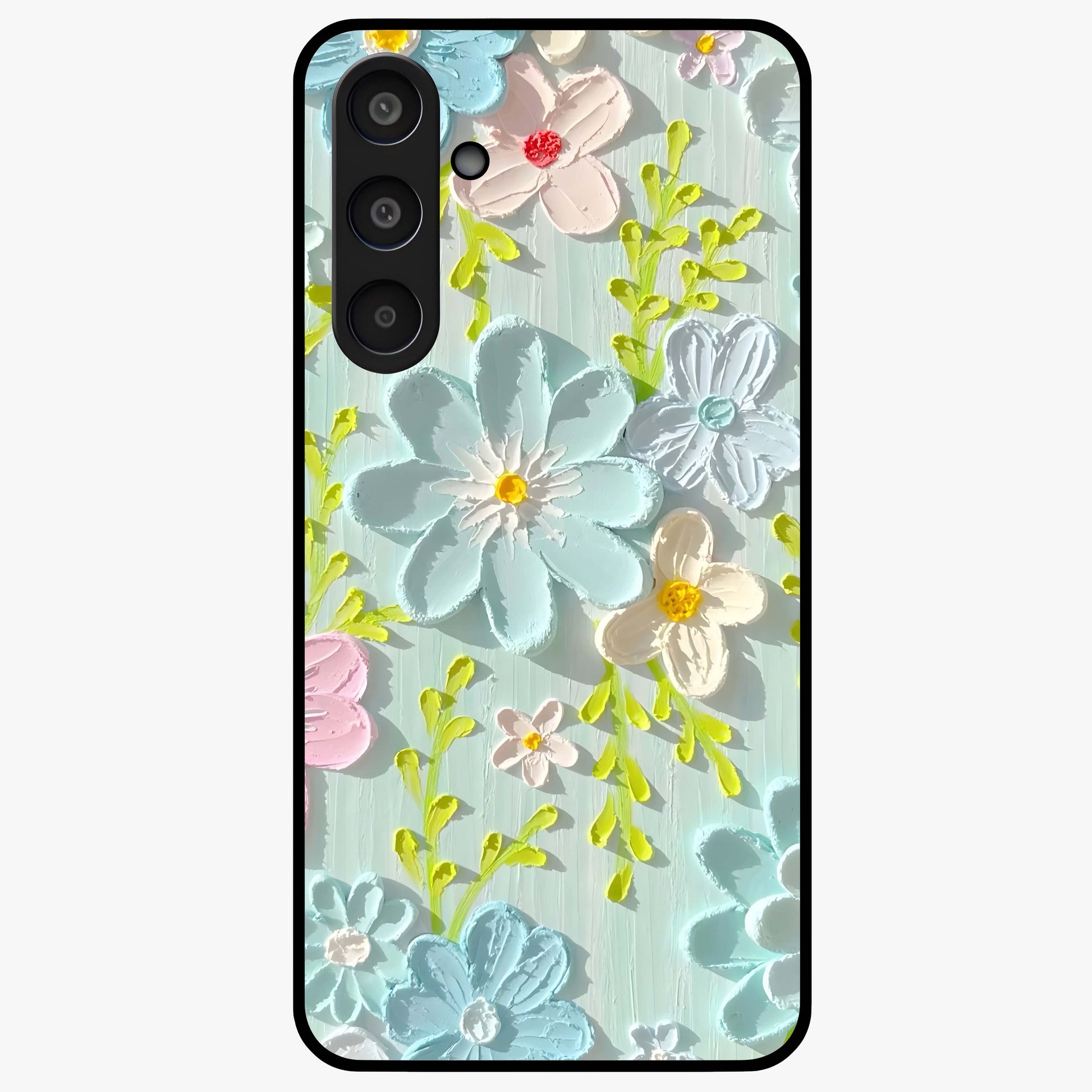 Frosted Petal Garden Glass Case showing flat back view with soft frosted floral artwork and glossy glass finish.