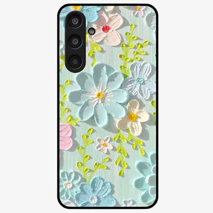 Frosted Petal Garden Glass Case showing flat back view with soft frosted floral artwork and glossy glass finish.