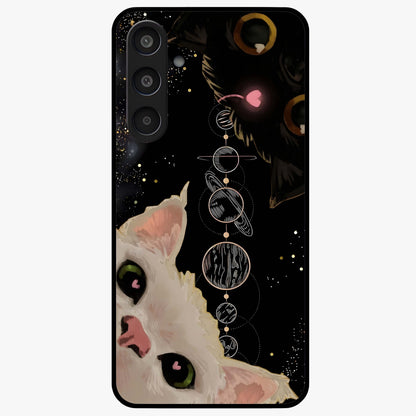 Galactic Cat Glass Case showing flat back view with cosmic cat artwork and glossy glass finish.
