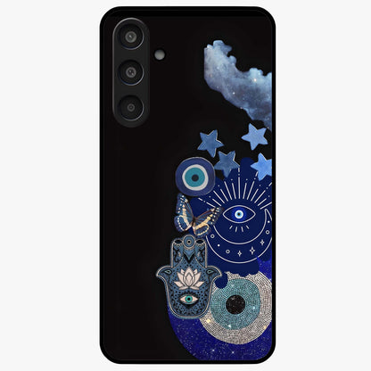 Galactic Charm Cluster Glass Case showing flat back view with glowing celestial charm artwork and glossy glass finish.