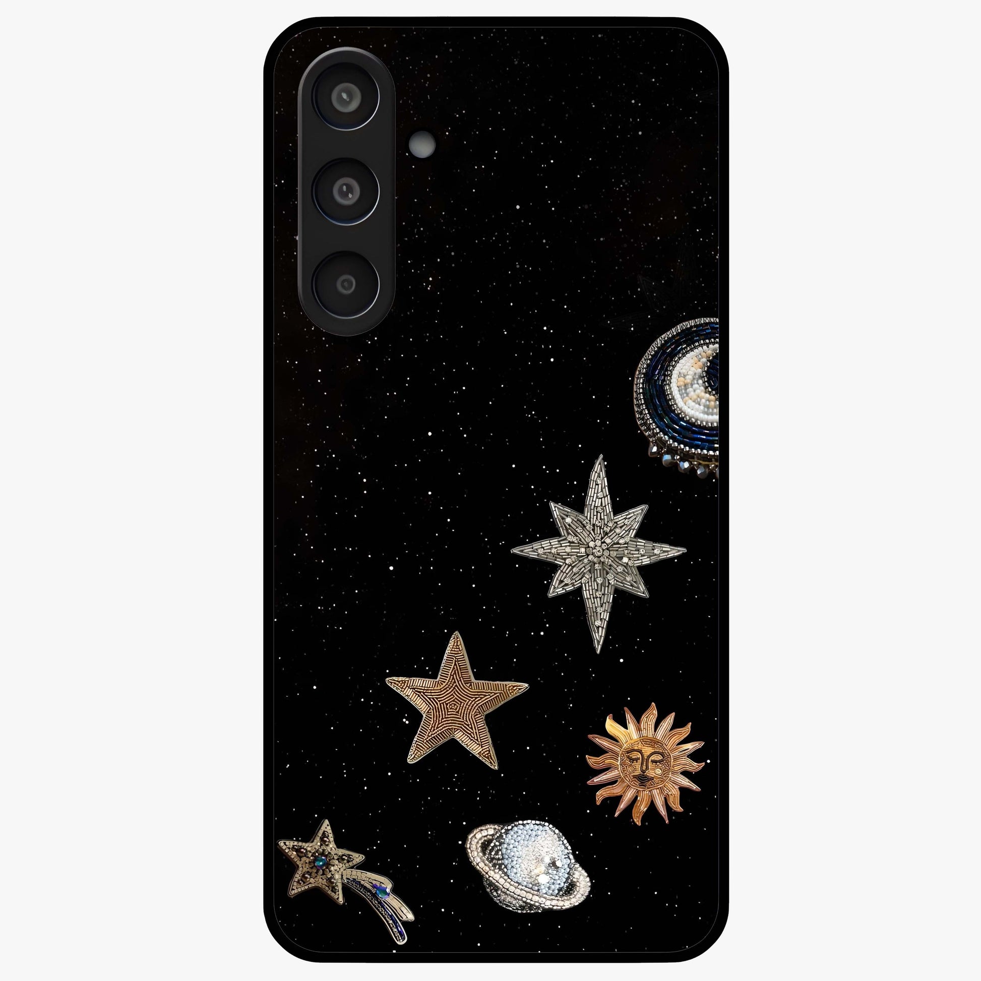 Galactic Charm Glow Glass Case showing flat back view with glowing celestial charm artwork and glossy glass finish.