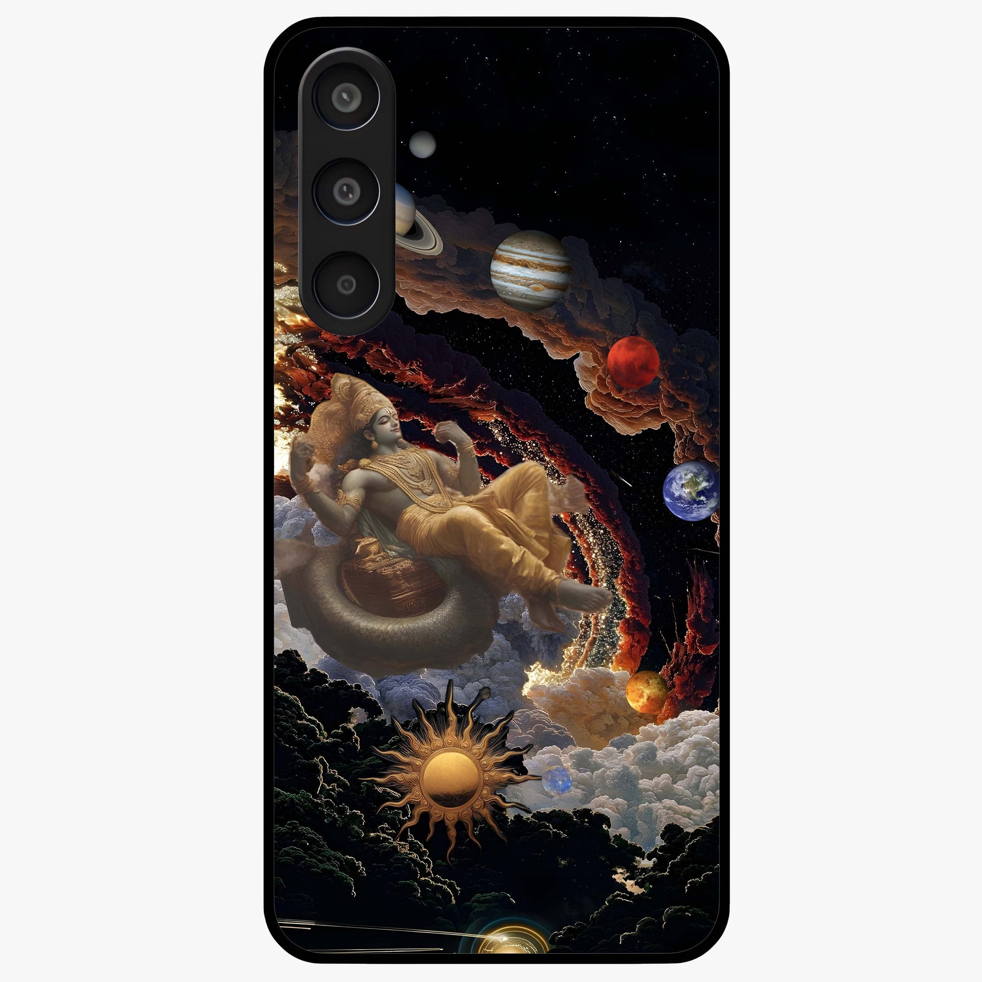 Galactic Divine God Glass Case showing flat back view with divine cosmic themed artwork and glossy glass finish.