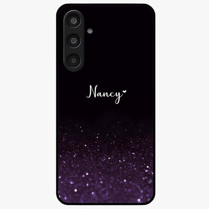 Glittery Purple Bokeh Custom Name Glass Case showing flat back view with purple bokeh sparkle artwork and personalized name design.