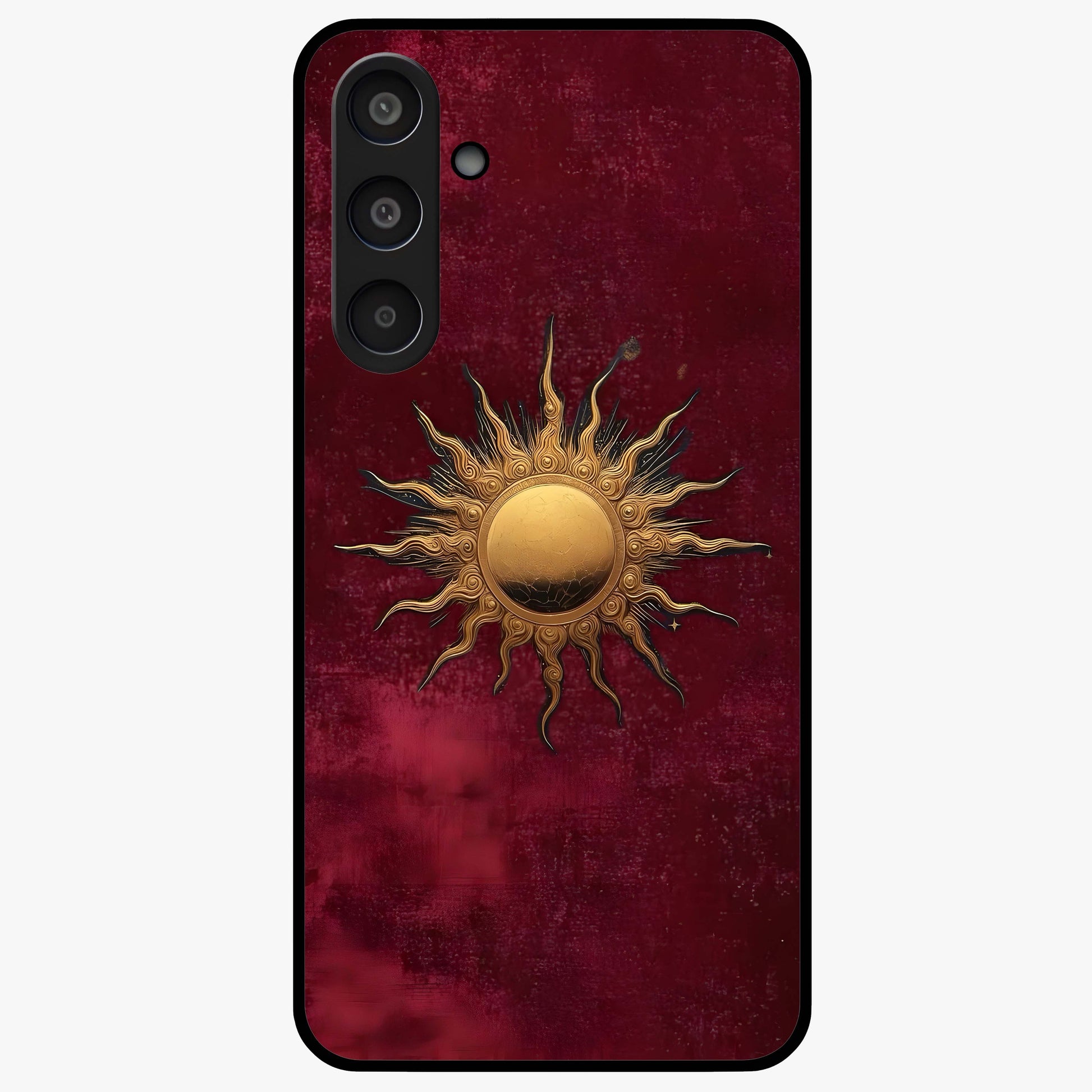 Gold Sun Blush Glass Case showing flat back view with golden sun inspired artwork and glossy glass finish.
