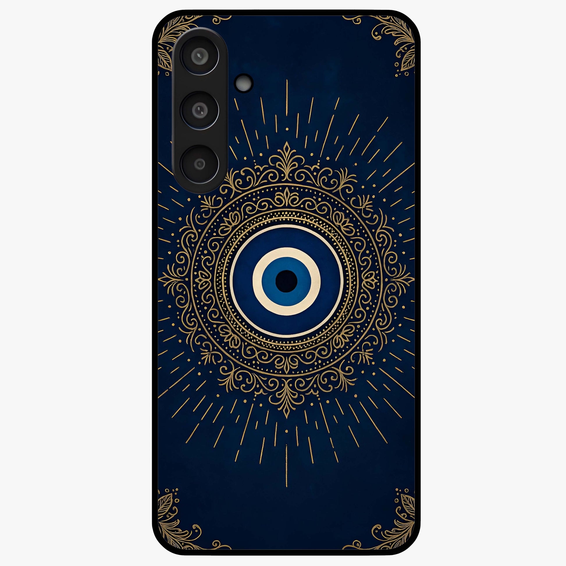Golden Evil Eye Mandala Glass Case showing flat back view with intricate evil eye mandala artwork and glossy glass finish.