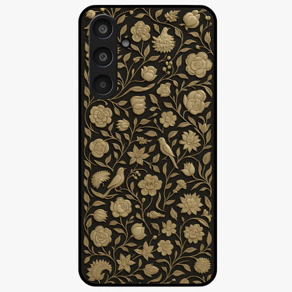 Golden Floral Majesty Glass Case showing flat back view with luxurious golden floral artwork and glossy glass finish.