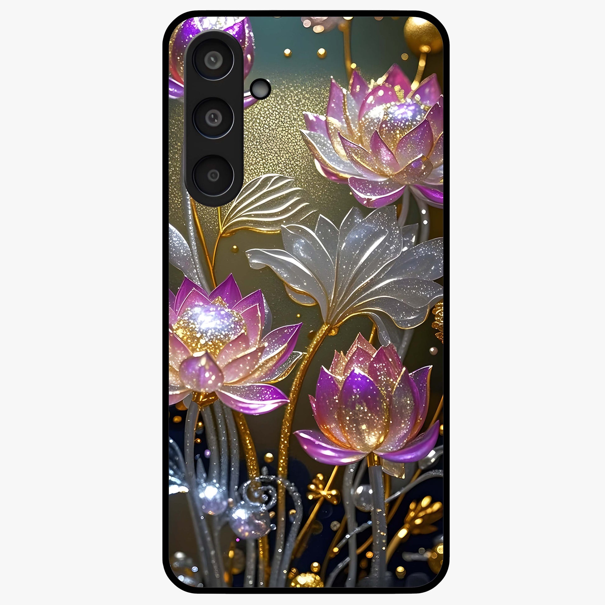 Golden Lotus Glow Glass Case showing flat back view with glowing lotus flower artwork and glossy glass finish.